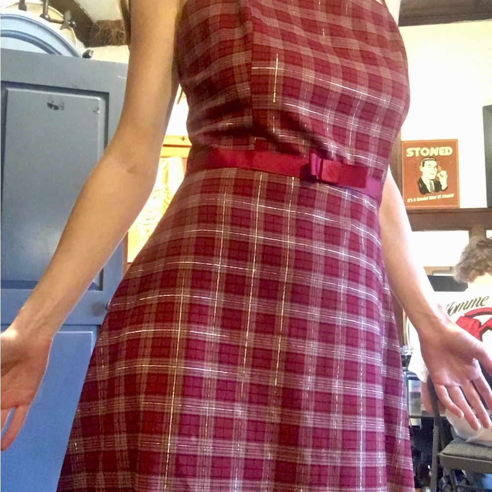 Womens Burgundy Plaid Fit & Flare Dress with Belt